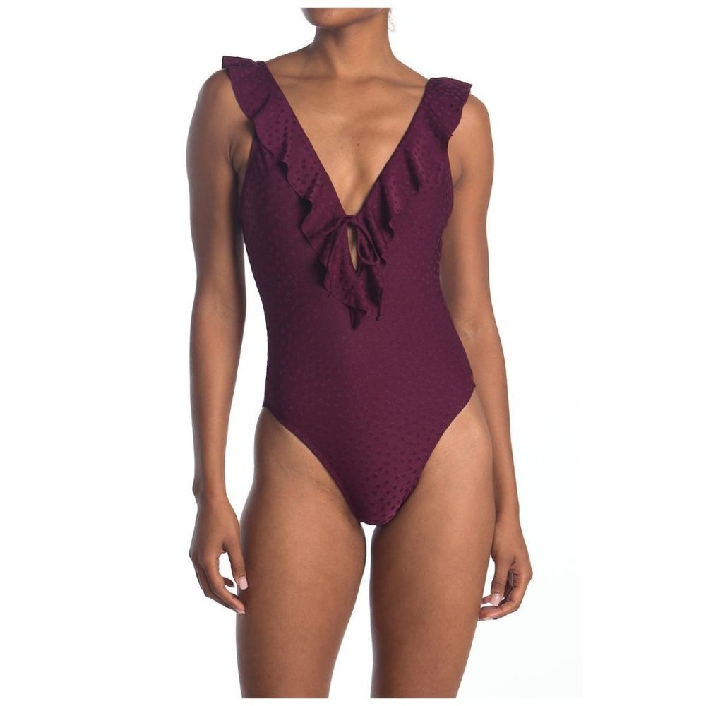 ROBIN PICCONE Juliana Plunge One Piece Ruffle Swimsuit Burgundy Wine 8
